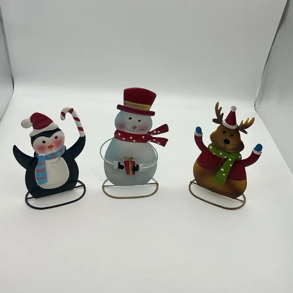 Lot of 3 Metal Christmas Decor Penguin Snowman Reindeer Holiday Tabletop Figures